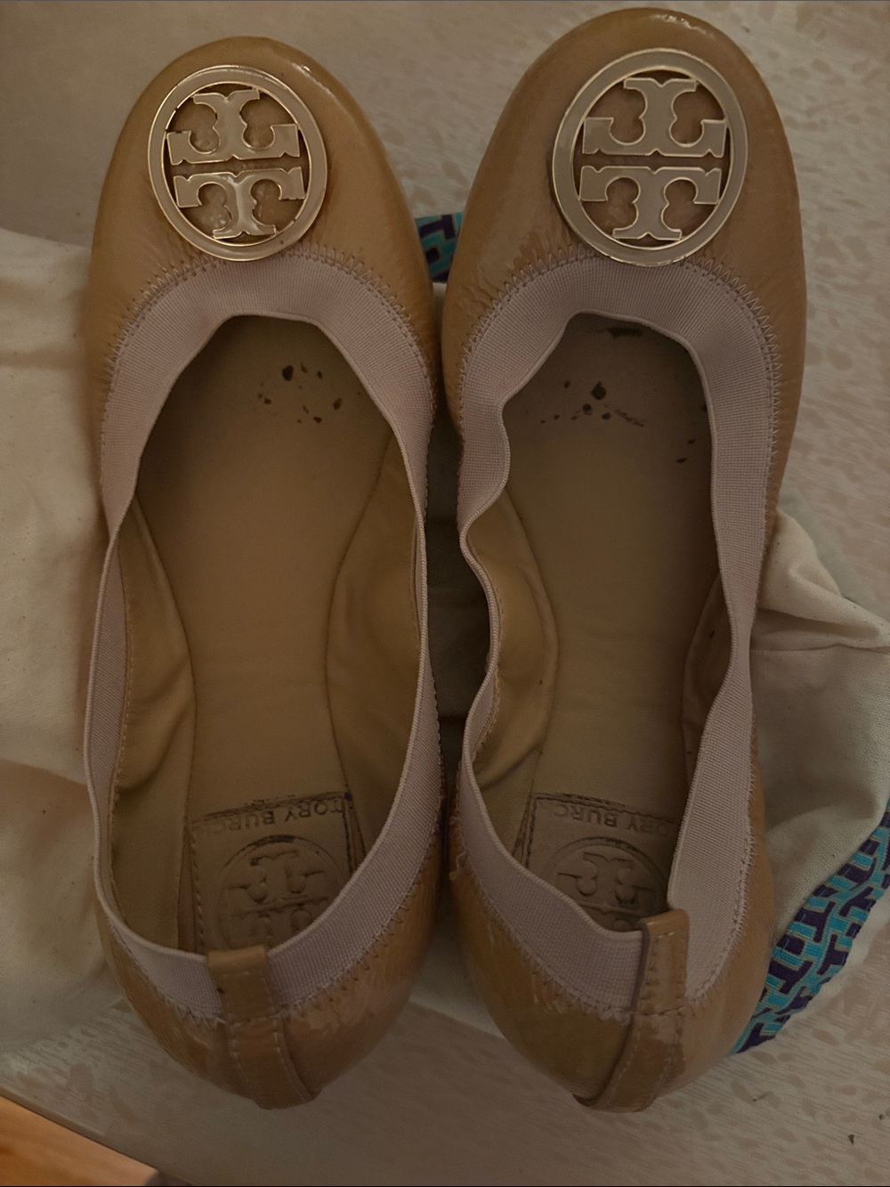 Tory Burch Camel Leather Logo Ballet Flats with Gold Medallion